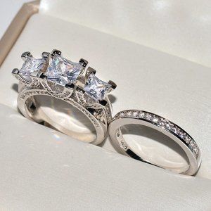 NEW 2pc/set Silver Princess Cut Diamond  Ring